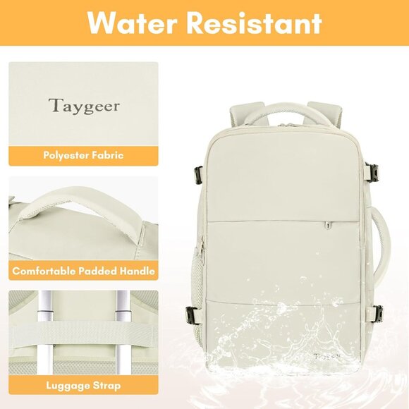 Taygeer Women's Cream Beige Travel Backpack Carry On 15.6inch Laptop Backpack - Picture 8 of 10
